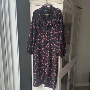 Fashion Union Black Midi Dress with Pink Floral Print